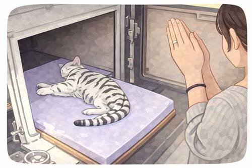 ペットの火葬前にご家族が手を合わせてお別れをしているイラスト