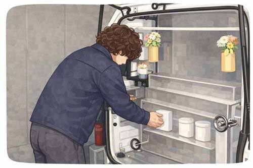 訪問ペット火葬車の中でスタッフが丁寧に作業している様子のイラスト